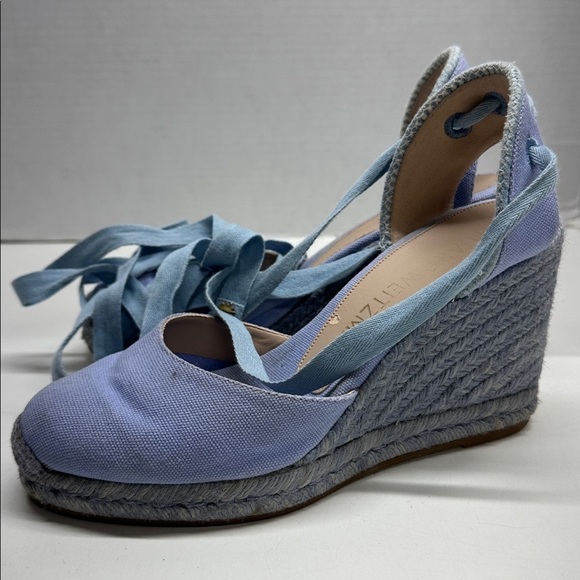 Stuart Weitzman Espadrille Wedges Heels Lace Up Ankle Strap Canvas Blue Size 6.5 - Picture 8 of 14